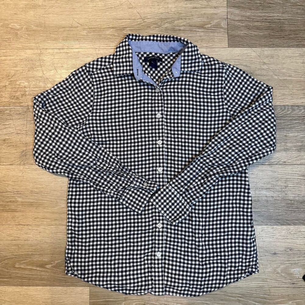 Lands' End Black White Gingham Flannel Button Up Shirt Chambray Trim [XS]